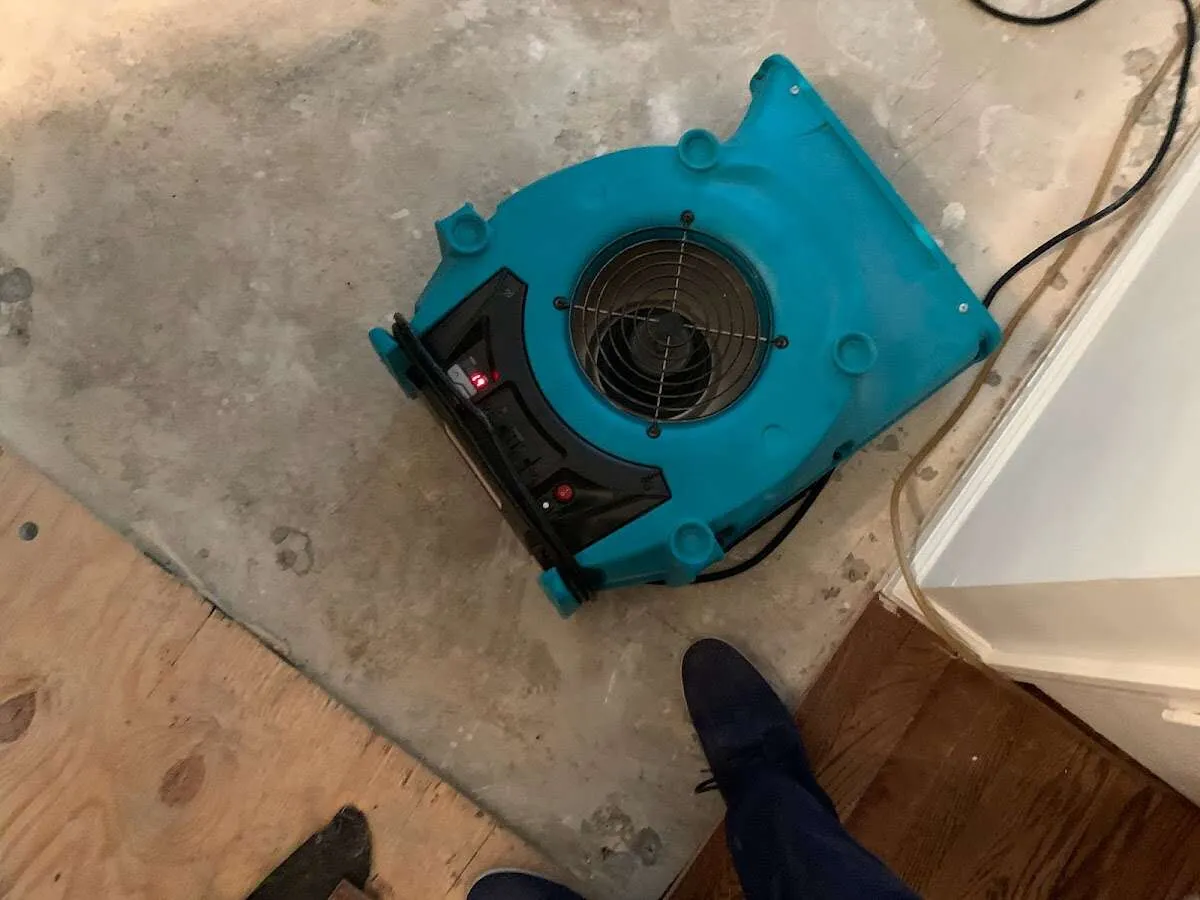 Air mover drying subfloor during Commercial Water Damage Restoration in Rio Pinar